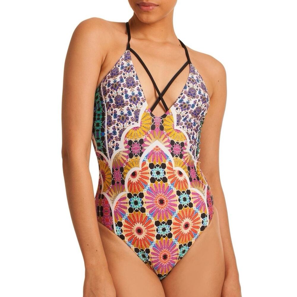 Trina Turk Golden Medallion Print V-Plunge Strappy One Piece Swimsuit Size 8